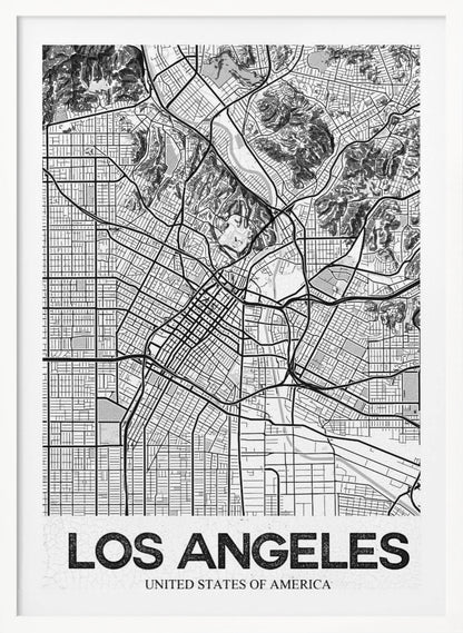 A modern, framed black and white map of Los Angeles. The detailed illustration features a dense grid of city streets, winding highways, rivers, and topographic details of hills. A white banner at the bottom displays the words 'LOS ANGELES' in a bold, black, textured font. Poster