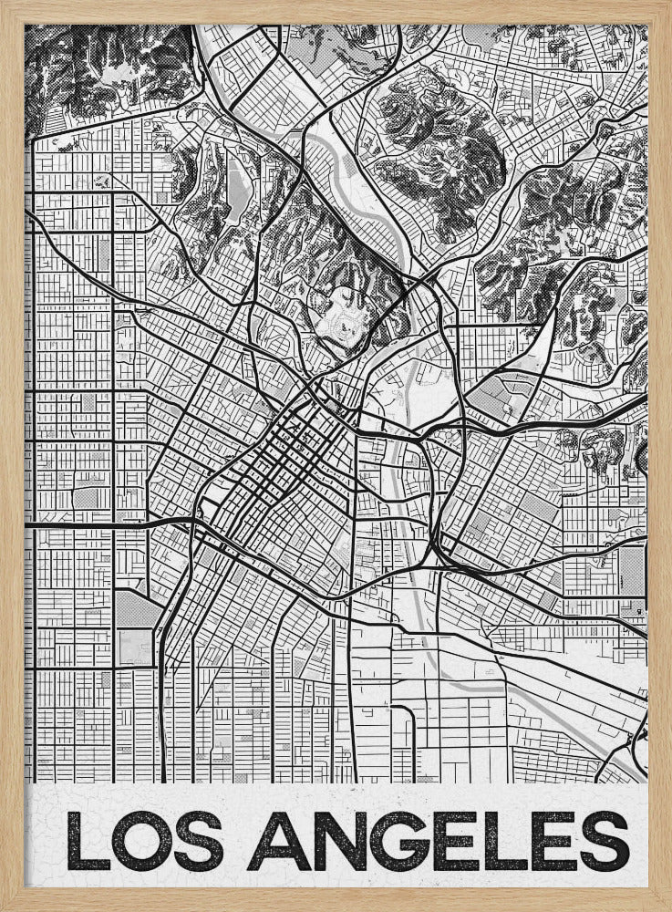 A modern, framed black and white map of Los Angeles. The detailed illustration features a dense grid of city streets, winding highways, rivers, and topographic details of hills. A white banner at the bottom displays the words 'LOS ANGELES' in a bold, black, textured font. Poster