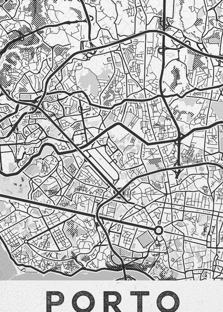 A minimalist black and white art print of a city map of Porto, Portugal, enclosed in a black frame. The map features a stylized network of roads and city blocks, with some areas shaded in grey or with a dot pattern. The word 'PORTO' is printed in large, bold, black capital letters at the bottom on a white background. Print