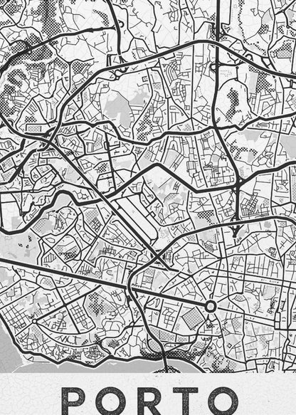 A minimalist black and white art print of a city map of Porto, Portugal, enclosed in a black frame. The map features a stylized network of roads and city blocks, with some areas shaded in grey or with a dot pattern. The word 'PORTO' is printed in large, bold, black capital letters at the bottom on a white background. Print