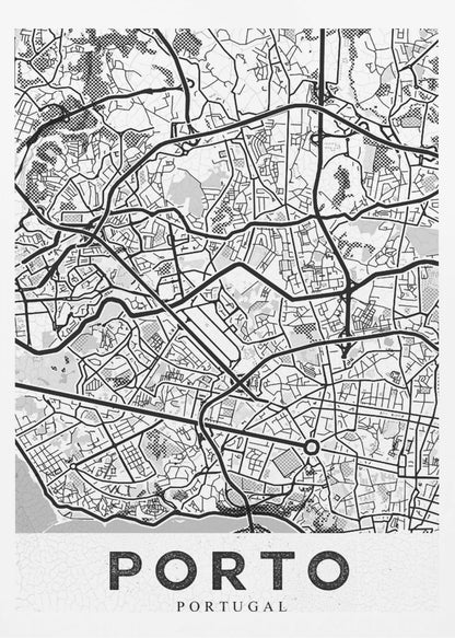 A minimalist black and white art print of a city map of Porto, Portugal, enclosed in a black frame. The map features a stylized network of roads and city blocks, with some areas shaded in grey or with a dot pattern. The word 'PORTO' is printed in large, bold, black capital letters at the bottom on a white background. Print