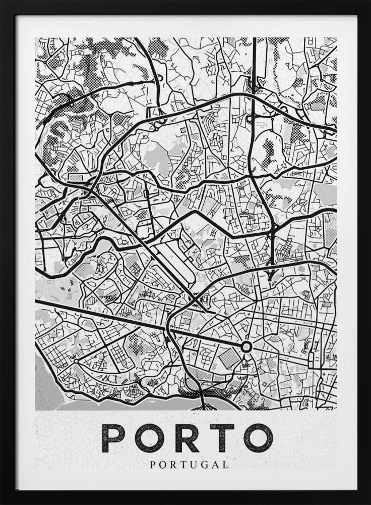 A minimalist black and white art print of a city map of Porto, Portugal, enclosed in a black frame. The map features a stylized network of roads and city blocks, with some areas shaded in grey or with a dot pattern. The word 'PORTO' is printed in large, bold, black capital letters at the bottom on a white background. Print