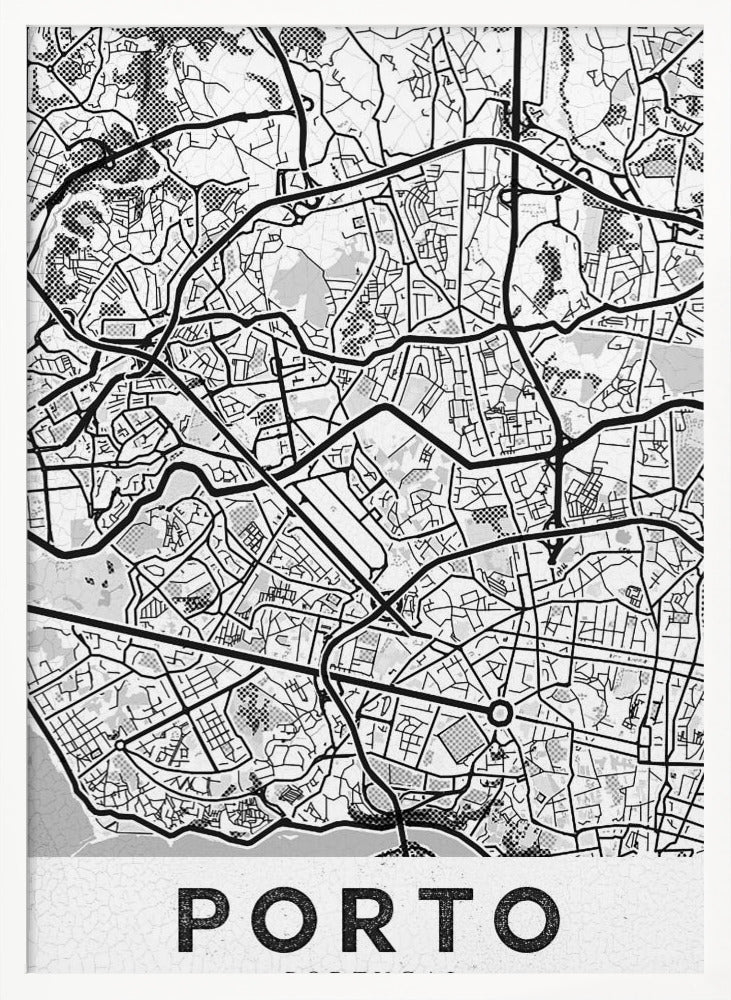A minimalist black and white art print of a city map of Porto, Portugal, enclosed in a black frame. The map features a stylized network of roads and city blocks, with some areas shaded in grey or with a dot pattern. The word 'PORTO' is printed in large, bold, black capital letters at the bottom on a white background. Print