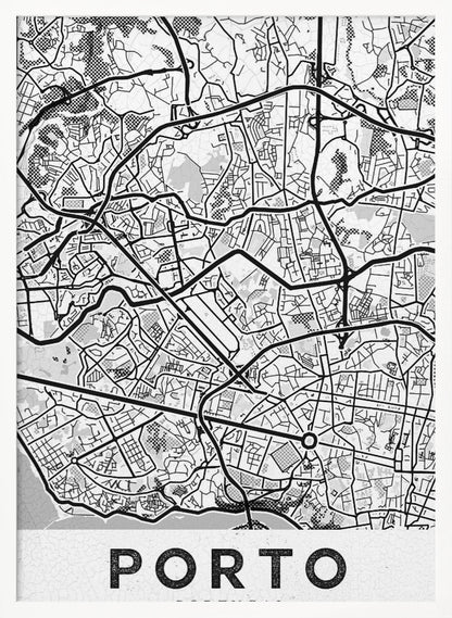 A minimalist black and white art print of a city map of Porto, Portugal, enclosed in a black frame. The map features a stylized network of roads and city blocks, with some areas shaded in grey or with a dot pattern. The word 'PORTO' is printed in large, bold, black capital letters at the bottom on a white background. Print
