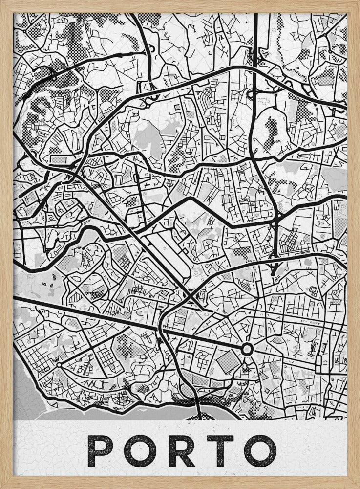 A minimalist black and white art print of a city map of Porto, Portugal, enclosed in a black frame. The map features a stylized network of roads and city blocks, with some areas shaded in grey or with a dot pattern. The word 'PORTO' is printed in large, bold, black capital letters at the bottom on a white background. Print