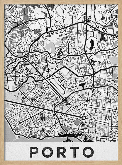 A minimalist black and white art print of a city map of Porto, Portugal, enclosed in a black frame. The map features a stylized network of roads and city blocks, with some areas shaded in grey or with a dot pattern. The word 'PORTO' is printed in large, bold, black capital letters at the bottom on a white background. Print