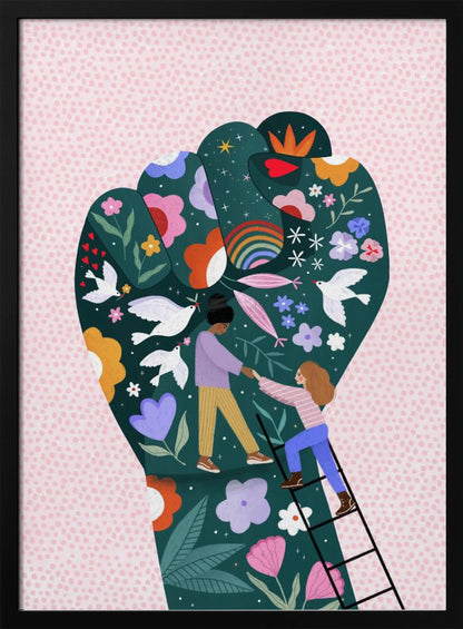 An illustration of a raised fist, a symbol of power and solidarity, against a pink dotted background. The fist is dark green and decorated with colorful flowers, white doves, a rainbow, and two women helping each other, one pulling the other up a ladder, symbolizing female empowerment and unity. Poster