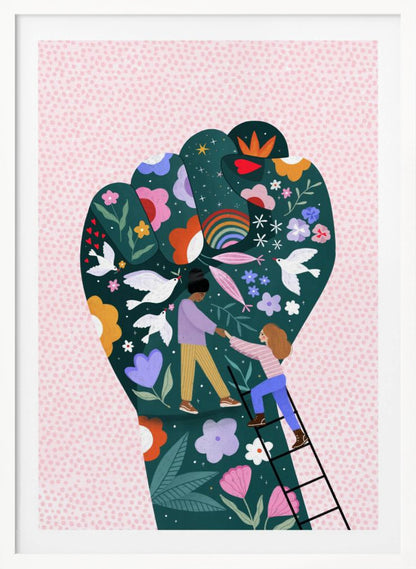 An illustration of a raised fist, a symbol of power and solidarity, against a pink dotted background. The fist is dark green and decorated with colorful flowers, white doves, a rainbow, and two women helping each other, one pulling the other up a ladder, symbolizing female empowerment and unity. Poster