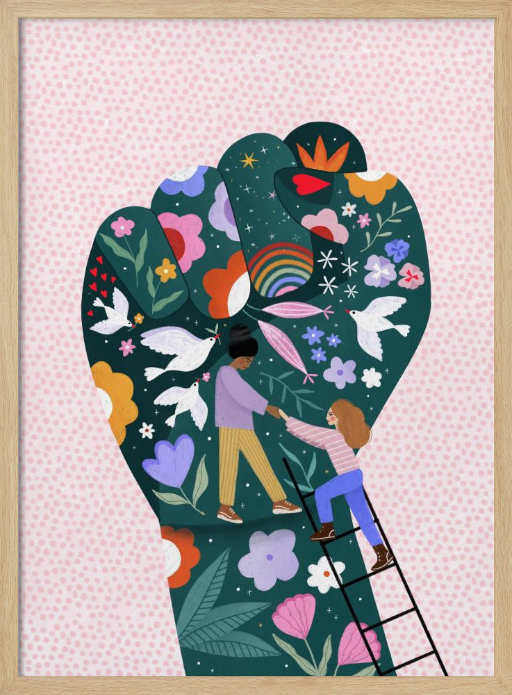 An illustration of a raised fist, a symbol of power and solidarity, against a pink dotted background. The fist is dark green and decorated with colorful flowers, white doves, a rainbow, and two women helping each other, one pulling the other up a ladder, symbolizing female empowerment and unity. Poster