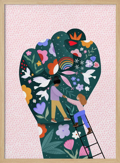 An illustration of a raised fist, a symbol of power and solidarity, against a pink dotted background. The fist is dark green and decorated with colorful flowers, white doves, a rainbow, and two women helping each other, one pulling the other up a ladder, symbolizing female empowerment and unity. Poster