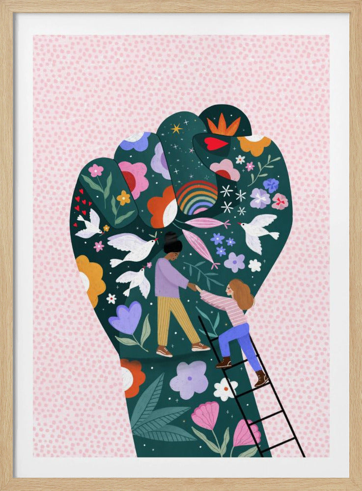 An illustration of a raised fist, a symbol of power and solidarity, against a pink dotted background. The fist is dark green and decorated with colorful flowers, white doves, a rainbow, and two women helping each other, one pulling the other up a ladder, symbolizing female empowerment and unity. Poster