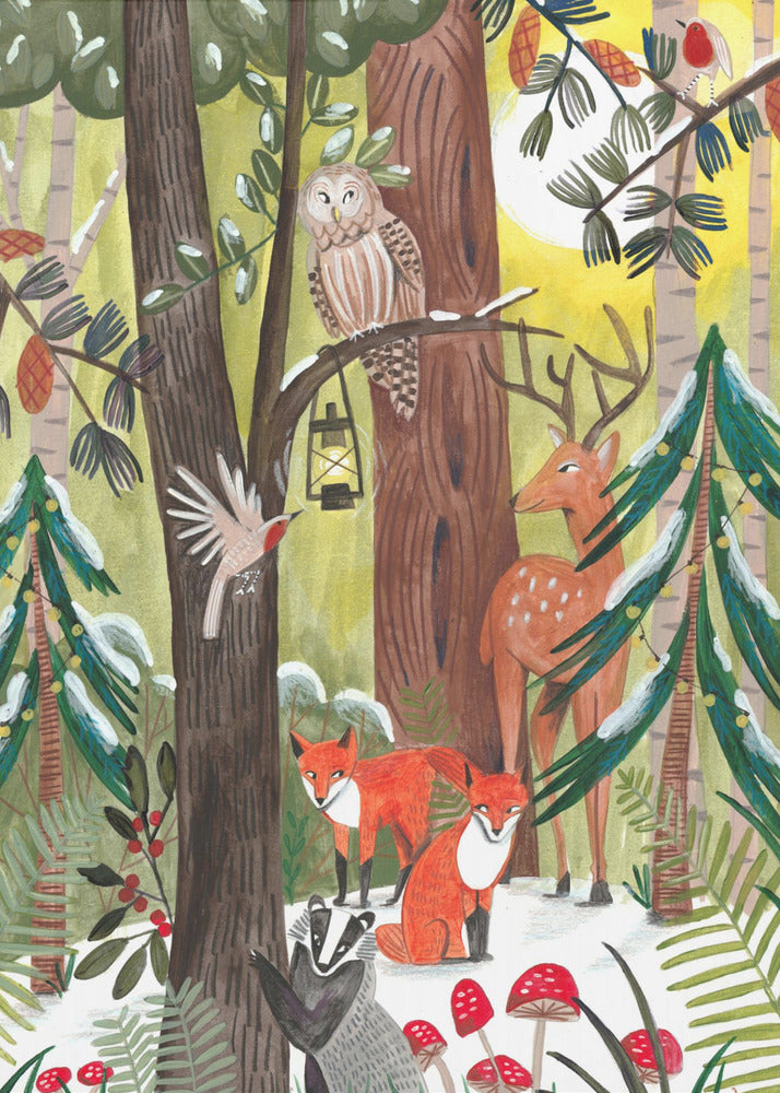 A whimsical illustration of a snowy forest scene filled with various woodland creatures. An owl perches on a branch with a lantern, a deer stands near a decorated pine tree, two red foxes and a badger are on the snowy ground near red toadstools, and birds fly and sit on branches under a yellow sun. Decor