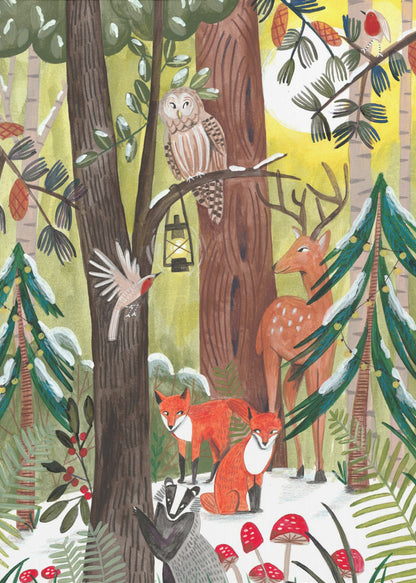 A whimsical illustration of a snowy forest scene filled with various woodland creatures. An owl perches on a branch with a lantern, a deer stands near a decorated pine tree, two red foxes and a badger are on the snowy ground near red toadstools, and birds fly and sit on branches under a yellow sun. Decor