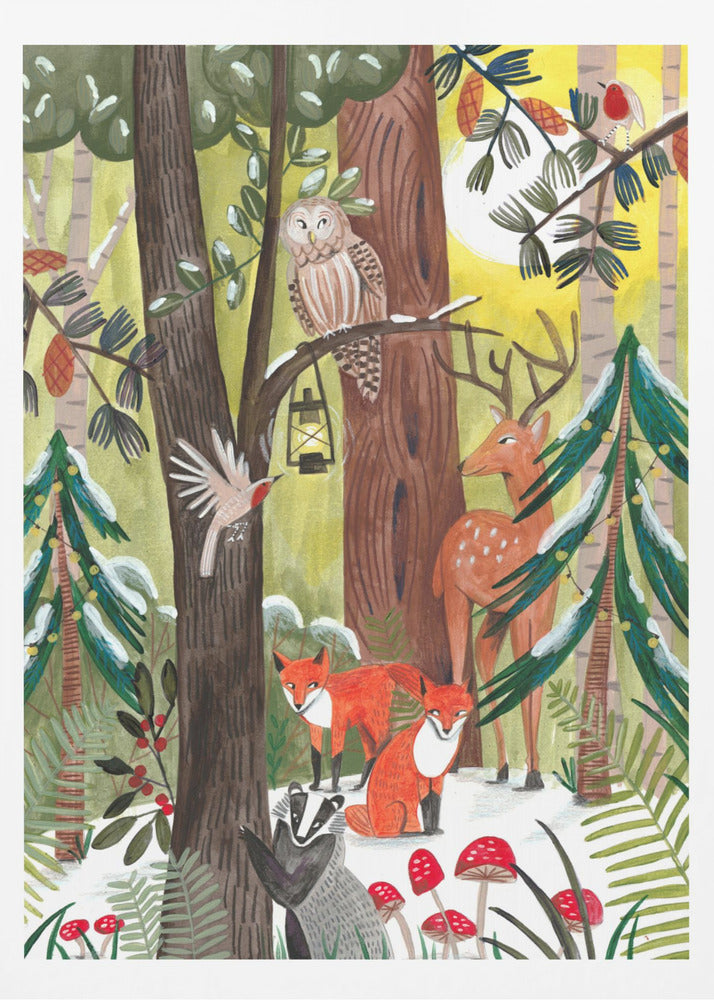 A whimsical illustration of a snowy forest scene filled with various woodland creatures. An owl perches on a branch with a lantern, a deer stands near a decorated pine tree, two red foxes and a badger are on the snowy ground near red toadstools, and birds fly and sit on branches under a yellow sun. Decor