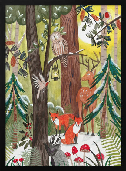 A whimsical illustration of a snowy forest scene filled with various woodland creatures. An owl perches on a branch with a lantern, a deer stands near a decorated pine tree, two red foxes and a badger are on the snowy ground near red toadstools, and birds fly and sit on branches under a yellow sun. Decor