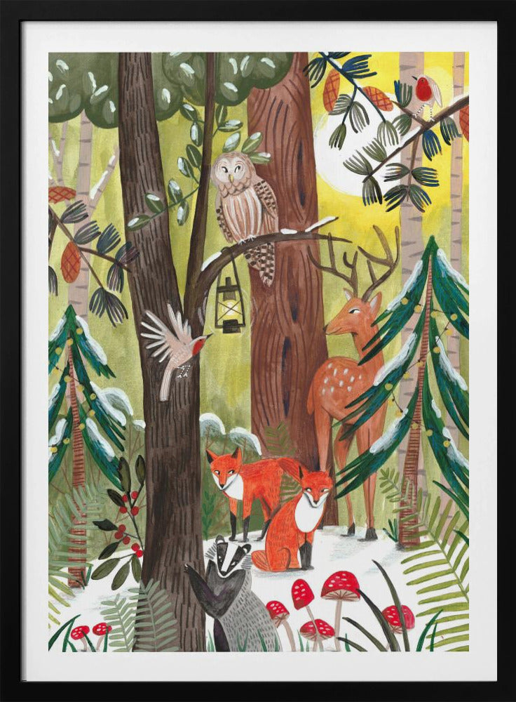 A whimsical illustration of a snowy forest scene filled with various woodland creatures. An owl perches on a branch with a lantern, a deer stands near a decorated pine tree, two red foxes and a badger are on the snowy ground near red toadstools, and birds fly and sit on branches under a yellow sun. Decor