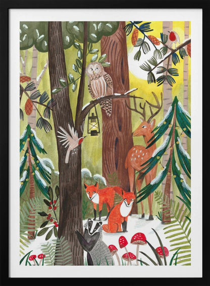 A whimsical illustration of a snowy forest scene filled with various woodland creatures. An owl perches on a branch with a lantern, a deer stands near a decorated pine tree, two red foxes and a badger are on the snowy ground near red toadstools, and birds fly and sit on branches under a yellow sun. Decor