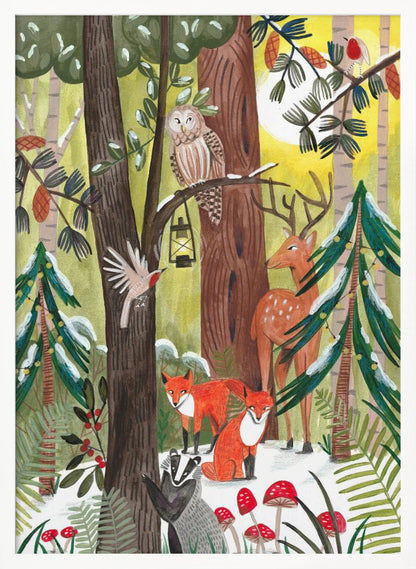 A whimsical illustration of a snowy forest scene filled with various woodland creatures. An owl perches on a branch with a lantern, a deer stands near a decorated pine tree, two red foxes and a badger are on the snowy ground near red toadstools, and birds fly and sit on branches under a yellow sun. Decor