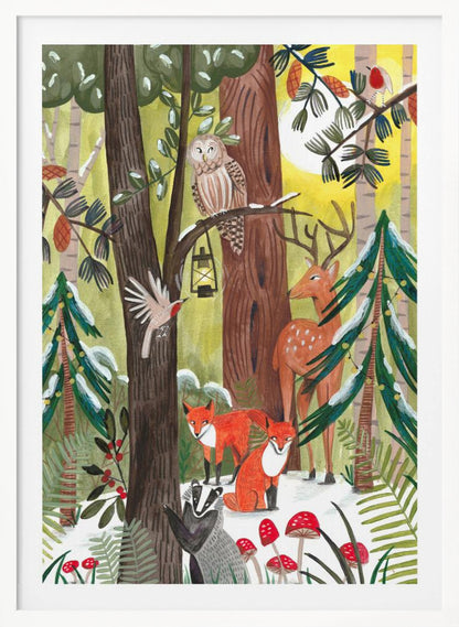 A whimsical illustration of a snowy forest scene filled with various woodland creatures. An owl perches on a branch with a lantern, a deer stands near a decorated pine tree, two red foxes and a badger are on the snowy ground near red toadstools, and birds fly and sit on branches under a yellow sun. Decor