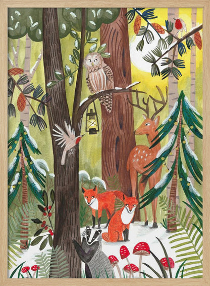 A whimsical illustration of a snowy forest scene filled with various woodland creatures. An owl perches on a branch with a lantern, a deer stands near a decorated pine tree, two red foxes and a badger are on the snowy ground near red toadstools, and birds fly and sit on branches under a yellow sun. Decor