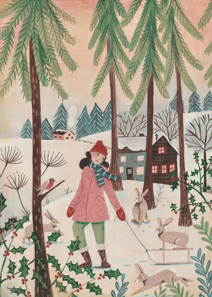 A whimsical illustration of a girl in a pink coat and red hat walking through a snowy forest. She is pulling a small sled with a rabbit on it, and is surrounded by other rabbits, a robin, and holly bushes. In the background are tall pine trees and cozy houses in a winter village. Wall Art