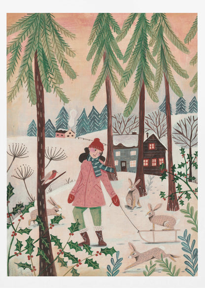 A whimsical illustration of a girl in a pink coat and red hat walking through a snowy forest. She is pulling a small sled with a rabbit on it, and is surrounded by other rabbits, a robin, and holly bushes. In the background are tall pine trees and cozy houses in a winter village. Wall Art