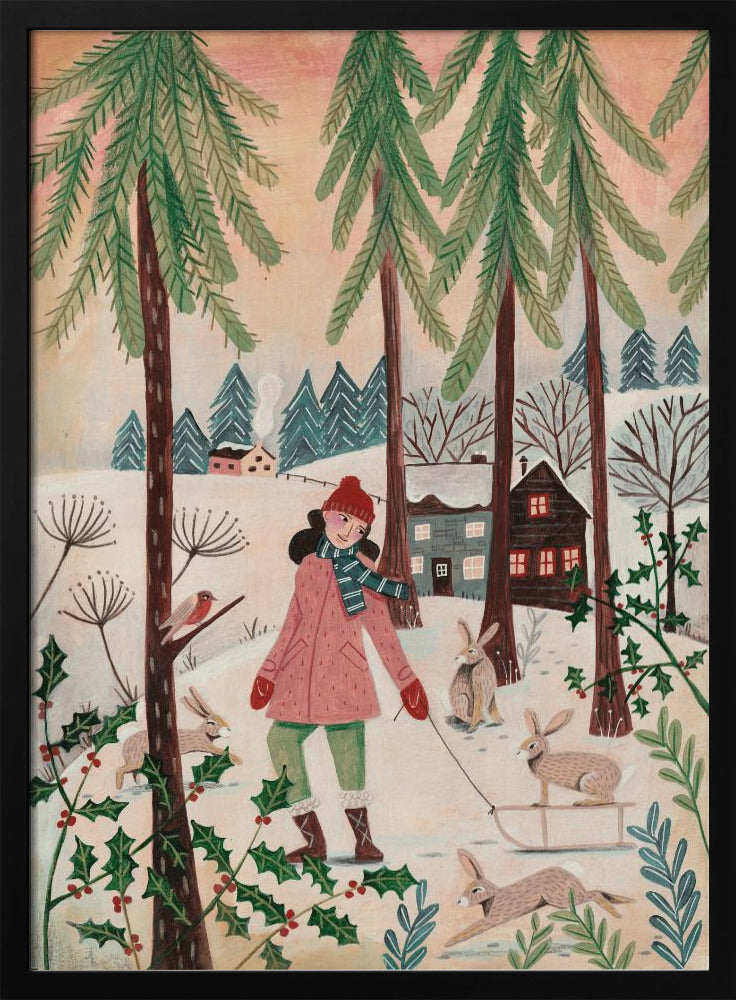 A whimsical illustration of a girl in a pink coat and red hat walking through a snowy forest. She is pulling a small sled with a rabbit on it, and is surrounded by other rabbits, a robin, and holly bushes. In the background are tall pine trees and cozy houses in a winter village. Wall Art