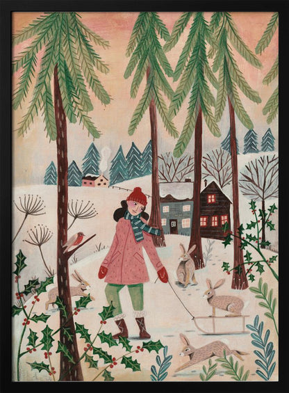 A whimsical illustration of a girl in a pink coat and red hat walking through a snowy forest. She is pulling a small sled with a rabbit on it, and is surrounded by other rabbits, a robin, and holly bushes. In the background are tall pine trees and cozy houses in a winter village. Wall Art