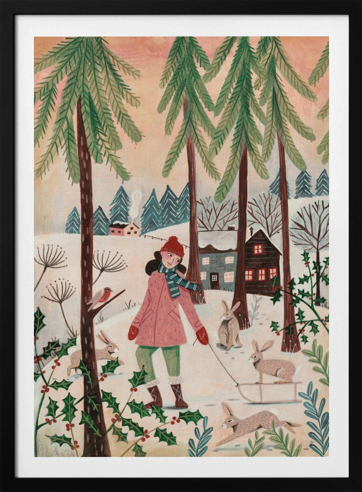 A whimsical illustration of a girl in a pink coat and red hat walking through a snowy forest. She is pulling a small sled with a rabbit on it, and is surrounded by other rabbits, a robin, and holly bushes. In the background are tall pine trees and cozy houses in a winter village. Wall Art