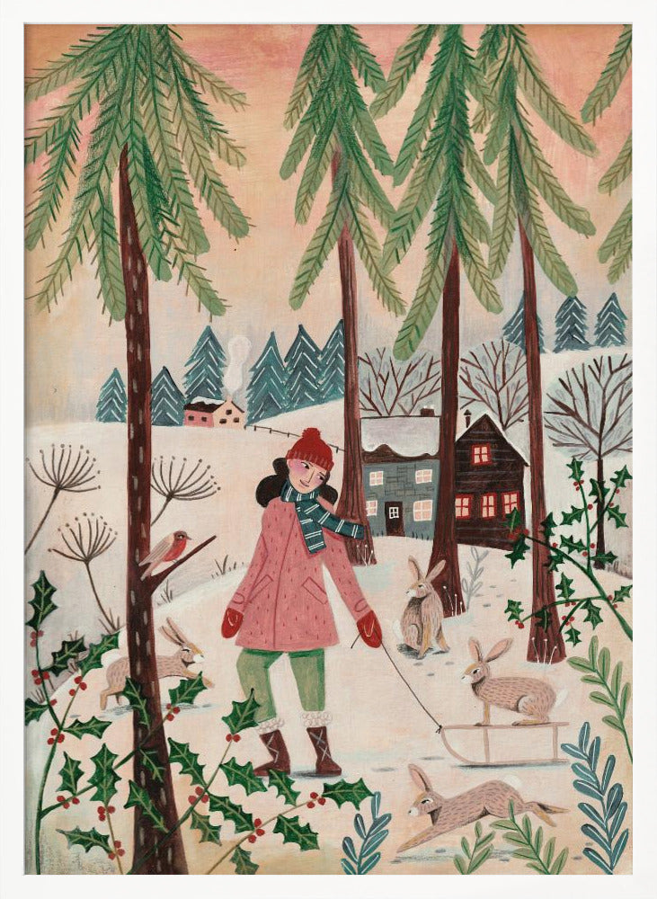 A whimsical illustration of a girl in a pink coat and red hat walking through a snowy forest. She is pulling a small sled with a rabbit on it, and is surrounded by other rabbits, a robin, and holly bushes. In the background are tall pine trees and cozy houses in a winter village. Wall Art