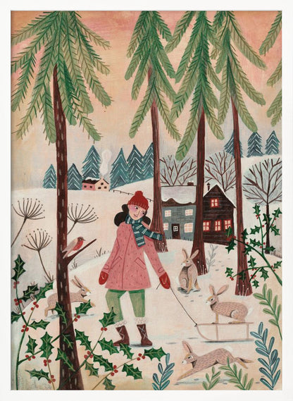 A whimsical illustration of a girl in a pink coat and red hat walking through a snowy forest. She is pulling a small sled with a rabbit on it, and is surrounded by other rabbits, a robin, and holly bushes. In the background are tall pine trees and cozy houses in a winter village. Wall Art