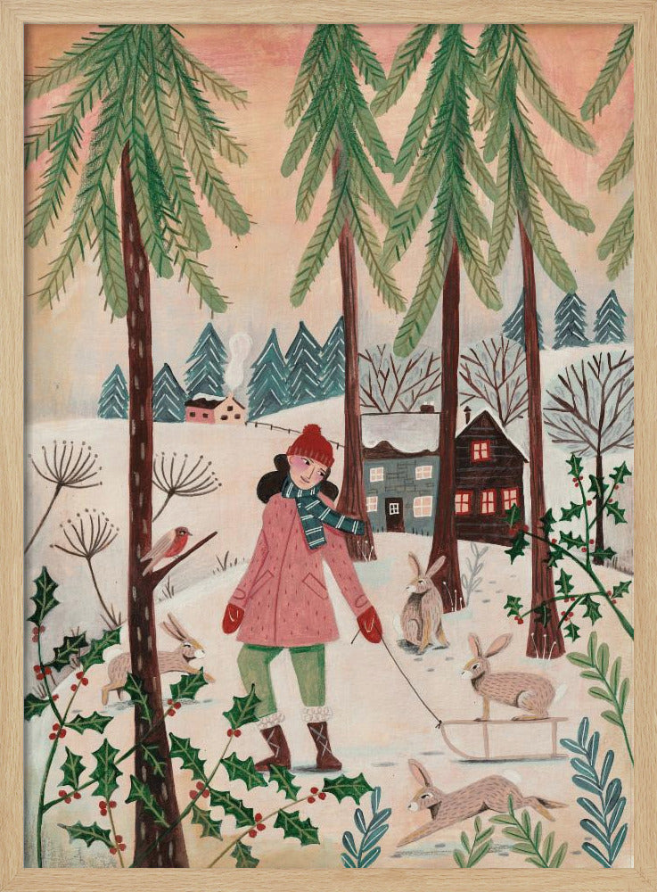 A whimsical illustration of a girl in a pink coat and red hat walking through a snowy forest. She is pulling a small sled with a rabbit on it, and is surrounded by other rabbits, a robin, and holly bushes. In the background are tall pine trees and cozy houses in a winter village. Wall Art