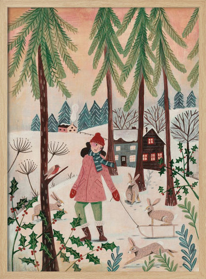 A whimsical illustration of a girl in a pink coat and red hat walking through a snowy forest. She is pulling a small sled with a rabbit on it, and is surrounded by other rabbits, a robin, and holly bushes. In the background are tall pine trees and cozy houses in a winter village. Wall Art