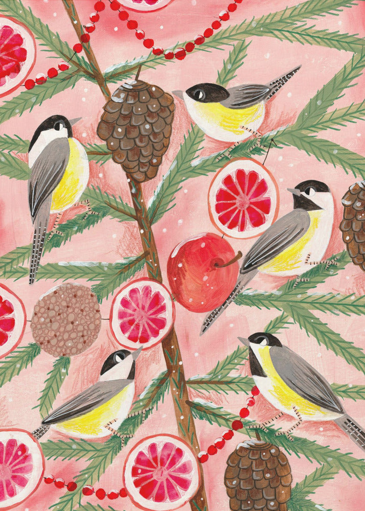 A festive illustration of a pine branch against a pink background, decorated with chickadees, pinecones, slices of red grapefruit, a red apple, and a red beaded garland. The scene has a light dusting of snow, creating a whimsical winter or holiday feel. Decor