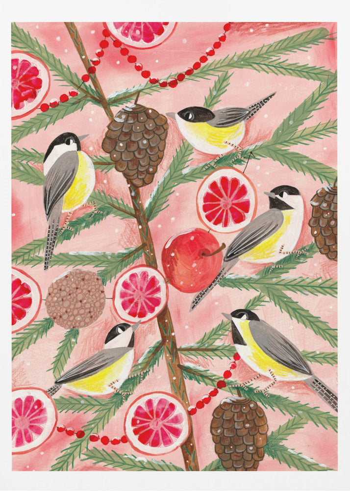 A festive illustration of a pine branch against a pink background, decorated with chickadees, pinecones, slices of red grapefruit, a red apple, and a red beaded garland. The scene has a light dusting of snow, creating a whimsical winter or holiday feel. Decor