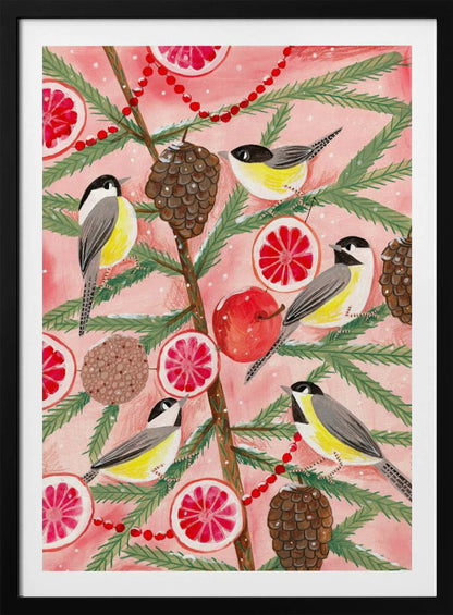 A festive illustration of a pine branch against a pink background, decorated with chickadees, pinecones, slices of red grapefruit, a red apple, and a red beaded garland. The scene has a light dusting of snow, creating a whimsical winter or holiday feel. Decor