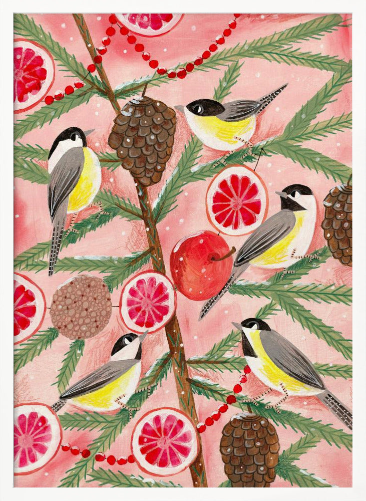 A festive illustration of a pine branch against a pink background, decorated with chickadees, pinecones, slices of red grapefruit, a red apple, and a red beaded garland. The scene has a light dusting of snow, creating a whimsical winter or holiday feel. Decor