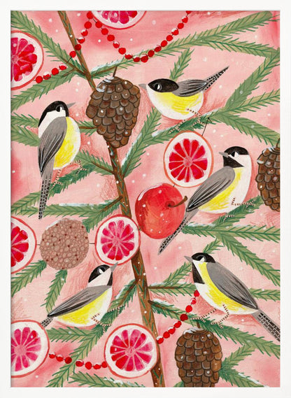 A festive illustration of a pine branch against a pink background, decorated with chickadees, pinecones, slices of red grapefruit, a red apple, and a red beaded garland. The scene has a light dusting of snow, creating a whimsical winter or holiday feel. Decor