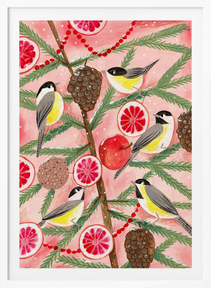 A festive illustration of a pine branch against a pink background, decorated with chickadees, pinecones, slices of red grapefruit, a red apple, and a red beaded garland. The scene has a light dusting of snow, creating a whimsical winter or holiday feel. Decor