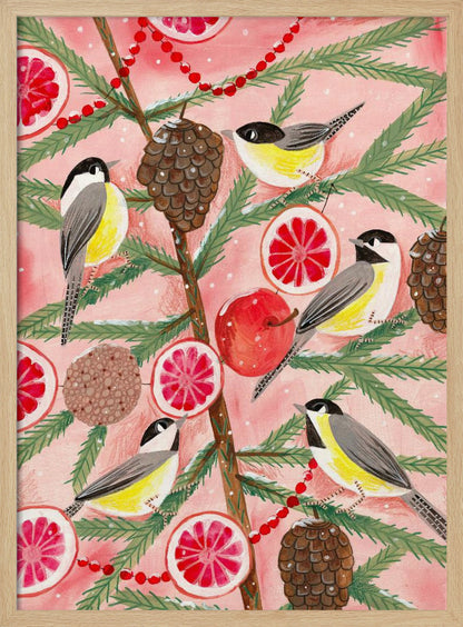 A festive illustration of a pine branch against a pink background, decorated with chickadees, pinecones, slices of red grapefruit, a red apple, and a red beaded garland. The scene has a light dusting of snow, creating a whimsical winter or holiday feel. Decor