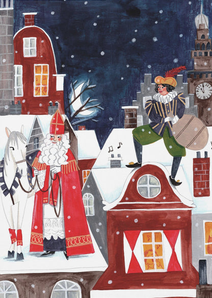 A folk art style illustration of a snowy village at night. Saint Nicholas (Sinterklaas) in his traditional red robe and miter stands with his white horse on a snow-covered roof. On another roof, his helper Zwarte Piet stands with a sack of gifts. The background features a clock tower and a dark, snowy sky. Wall Art
