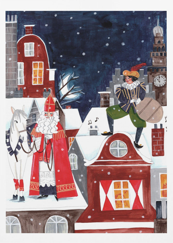 A folk art style illustration of a snowy village at night. Saint Nicholas (Sinterklaas) in his traditional red robe and miter stands with his white horse on a snow-covered roof. On another roof, his helper Zwarte Piet stands with a sack of gifts. The background features a clock tower and a dark, snowy sky. Wall Art