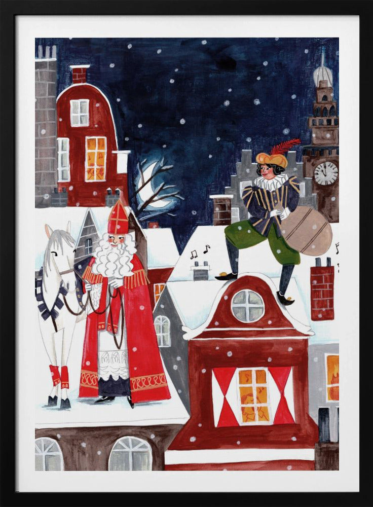 A folk art style illustration of a snowy village at night. Saint Nicholas (Sinterklaas) in his traditional red robe and miter stands with his white horse on a snow-covered roof. On another roof, his helper Zwarte Piet stands with a sack of gifts. The background features a clock tower and a dark, snowy sky. Wall Art