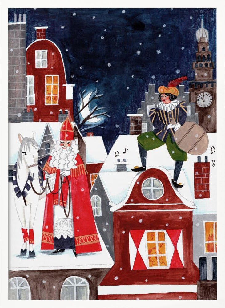 A folk art style illustration of a snowy village at night. Saint Nicholas (Sinterklaas) in his traditional red robe and miter stands with his white horse on a snow-covered roof. On another roof, his helper Zwarte Piet stands with a sack of gifts. The background features a clock tower and a dark, snowy sky. Wall Art