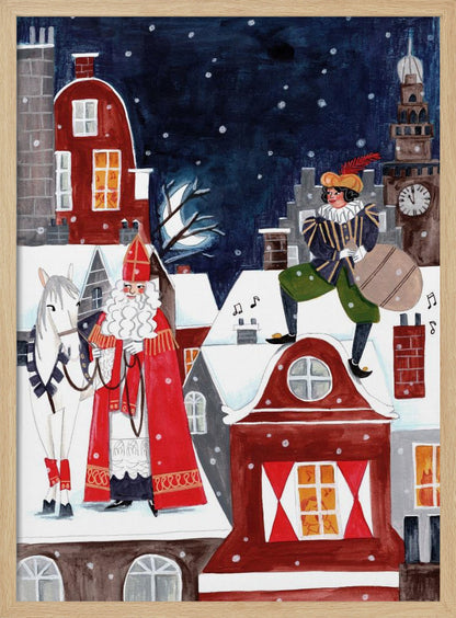 A folk art style illustration of a snowy village at night. Saint Nicholas (Sinterklaas) in his traditional red robe and miter stands with his white horse on a snow-covered roof. On another roof, his helper Zwarte Piet stands with a sack of gifts. The background features a clock tower and a dark, snowy sky. Wall Art