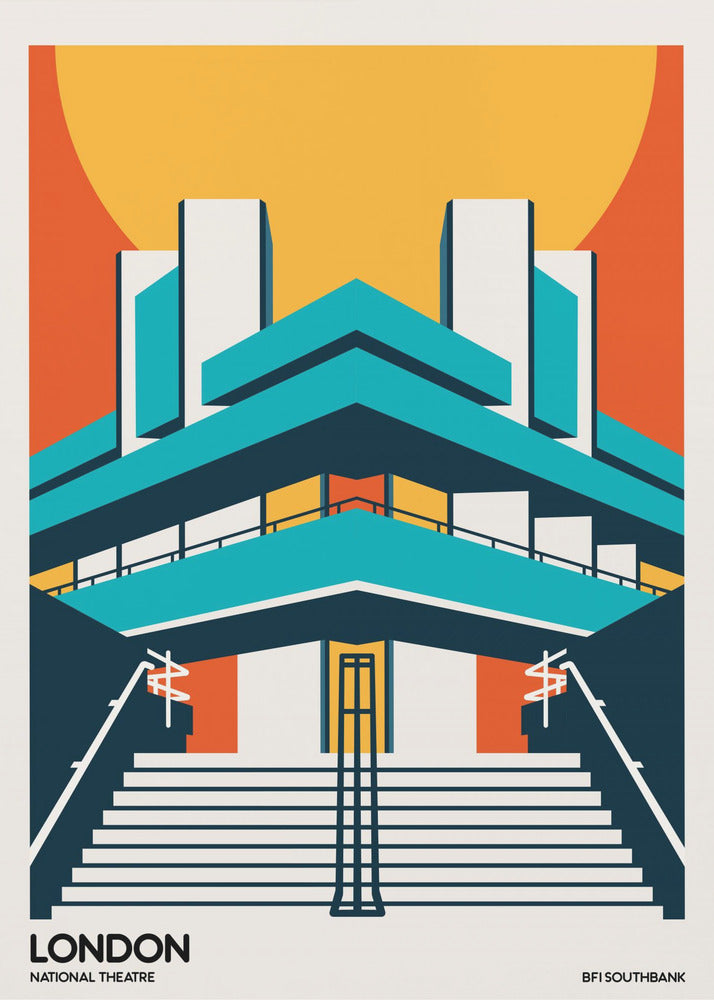 A stylized, graphic art travel poster of the National Theatre in London. The illustration uses a bold color palette of orange, yellow, and teal to depict the building's iconic Brutalist architecture against a large setting sun. Wide stairs lead up to the symmetrical facade. Text at the bottom reads 'LONDON NATIONAL THEATRE' and 'BFI SOUTHBANK'. Decor