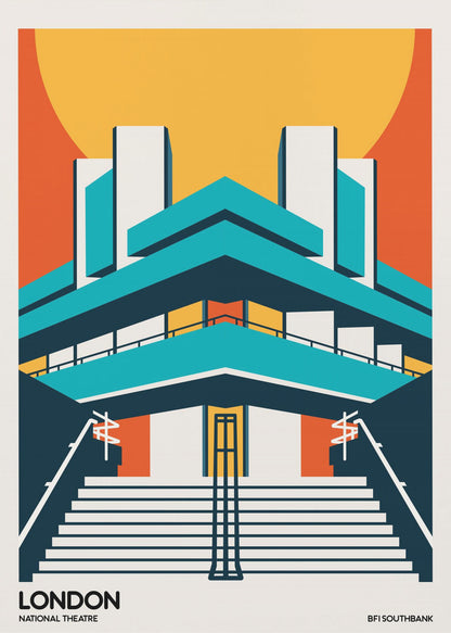 A stylized, graphic art travel poster of the National Theatre in London. The illustration uses a bold color palette of orange, yellow, and teal to depict the building's iconic Brutalist architecture against a large setting sun. Wide stairs lead up to the symmetrical facade. Text at the bottom reads 'LONDON NATIONAL THEATRE' and 'BFI SOUTHBANK'. Decor