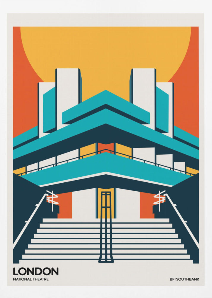 A stylized, graphic art travel poster of the National Theatre in London. The illustration uses a bold color palette of orange, yellow, and teal to depict the building's iconic Brutalist architecture against a large setting sun. Wide stairs lead up to the symmetrical facade. Text at the bottom reads 'LONDON NATIONAL THEATRE' and 'BFI SOUTHBANK'. Decor