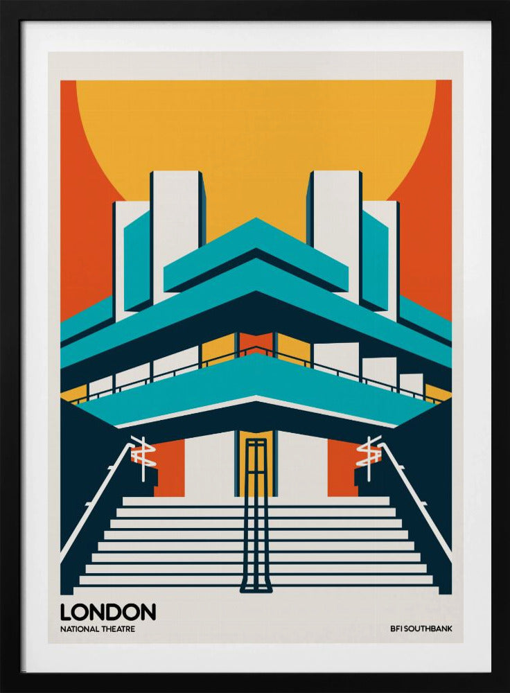A stylized, graphic art travel poster of the National Theatre in London. The illustration uses a bold color palette of orange, yellow, and teal to depict the building's iconic Brutalist architecture against a large setting sun. Wide stairs lead up to the symmetrical facade. Text at the bottom reads 'LONDON NATIONAL THEATRE' and 'BFI SOUTHBANK'. Decor