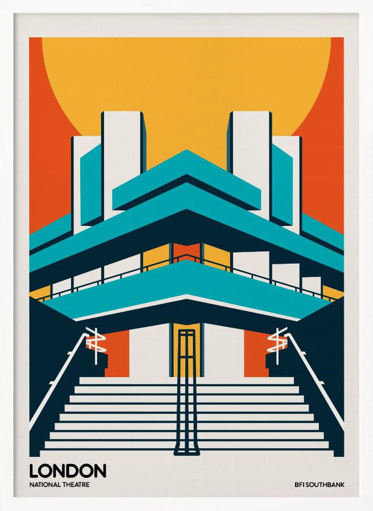 A stylized, graphic art travel poster of the National Theatre in London. The illustration uses a bold color palette of orange, yellow, and teal to depict the building's iconic Brutalist architecture against a large setting sun. Wide stairs lead up to the symmetrical facade. Text at the bottom reads 'LONDON NATIONAL THEATRE' and 'BFI SOUTHBANK'. Decor
